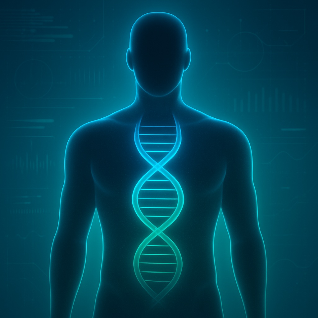 Digital illustration of a glowing DNA helix inside a gender-neutral human silhouette, representing genetic health analysis.